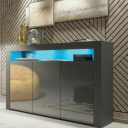 Rackhams Mex Furnitur Modern Sideboard 155cm – Matt Grey Body with Grey Gloss Doors Free LED Lights - 155 cm -  MDF/Chipboard - 1