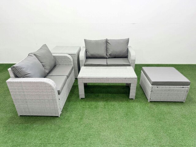 Rackhams 5 Seater Outdoor Love Sofa Set Rattan Garden Furniture Set with Oblong Coffee Table Big Footstool Side Table Light Grey - image 1