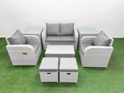 Rackhams 6-Seater Light Grey PE Rattan Sofa Set - Outdoor/Indoor Reclining Chair, Rectangular Coffee Table, 2 Footstools, 2 Side Tables - thumbnail 1
