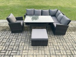 Rackhams 8 Seater Garden Rattan Furniture Corner Sofa Dining Table Chair Set with Big Footstool Indoor Outdoor Lounge Sofa Set - thumbnail 1