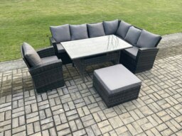 Rackhams 8 Seater Garden Rattan Furniture Corner Sofa Dining Table Chair Set with Big Footstool Indoor Outdoor Lounge Sofa Set - thumbnail 2