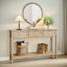 Rackhams Wooden 3 Drawer Rattan Hallway Console Table Brown