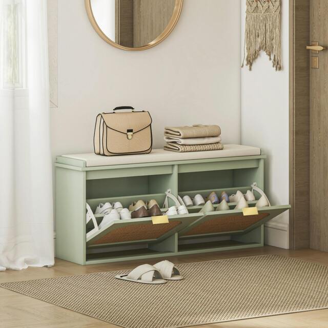 Rackhams Boho Shoe Bench with Padded Seat and 2 Flip-Drawers, Light Green - Light Green - MDF, Particle Board, Linen (100% Polyester), Sponge - 1 - image 1