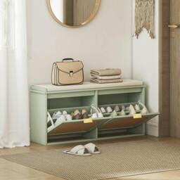 Rackhams Boho Shoe Bench with Padded Seat and 2 Flip-Drawers, Light Green - Light Green