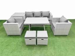 Rackhams 8 Pieces Outdoor PE Rattan Sofa Armchair Set Patio Garden Furniture Sets with Cushions Side Table 2 Small Stools Light Grey - thumbnail 1