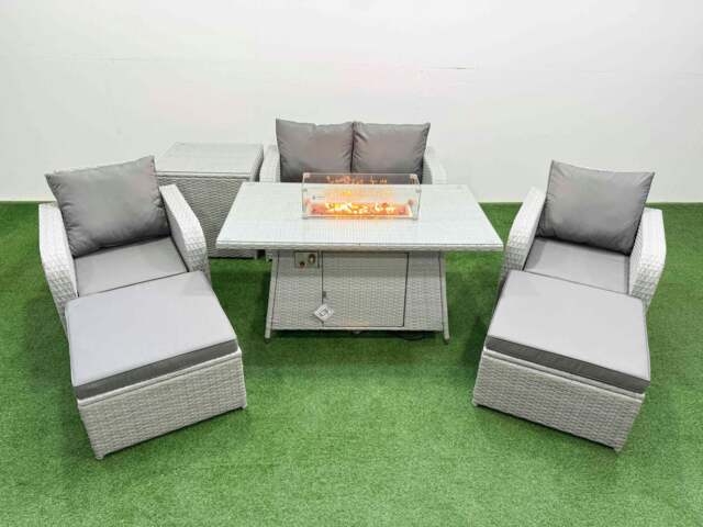 Rackhams Light Grey PE Wicker Rattan Garden Furniture Set Sofa Set Reclining Chair Fire Pit Dining Table 6 Seater 2 Big Stools Side Table - image 1