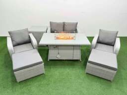 Rackhams Light Grey PE Wicker Rattan Garden Furniture Set Sofa Set Reclining Chair Fire Pit Dining Table 6 Seater 2 Big Stools Side Table - thumbnail 1