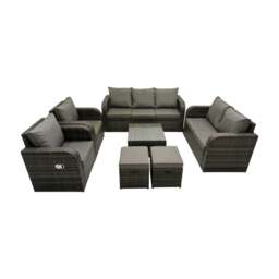 Rackhams 3 Seater Sofa Reclining Chair Coffee Table Set Rattan Garden Outdoor Furniture Set with 2 Small Stool Dark Grey Mixed - thumbnail 1