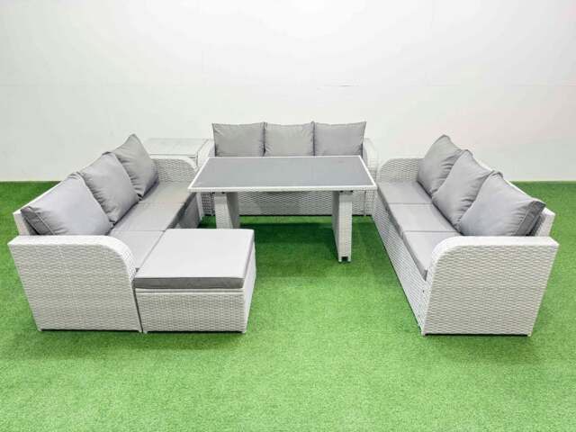 Rackhams Patio Garden Furniture Sets with Black Glass Top Dining Table 3 Seater Sofa Side Table Big Stool Light Grey - image 1