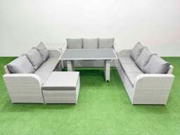 Rackhams Patio Garden Furniture Sets with Black Glass Top Dining Table 3 Seater Sofa Side Table Big Stool Light Grey