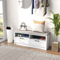 Rackhams Shoe Bench with Removable Cushion, Open Compartments and Drawers - White - thumbnail 1