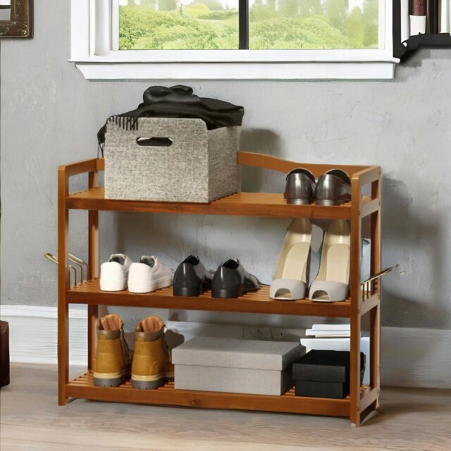 Rackhams 3-Tier Wooden Vertical Shoe Rack With Hanging Hooks Brown - image 1