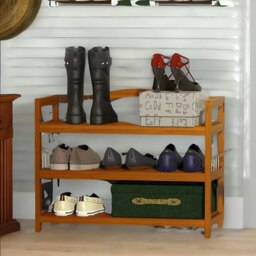 Rackhams 3-Tier Wooden Vertical Shoe Rack With Hanging Hooks Brown - thumbnail 2