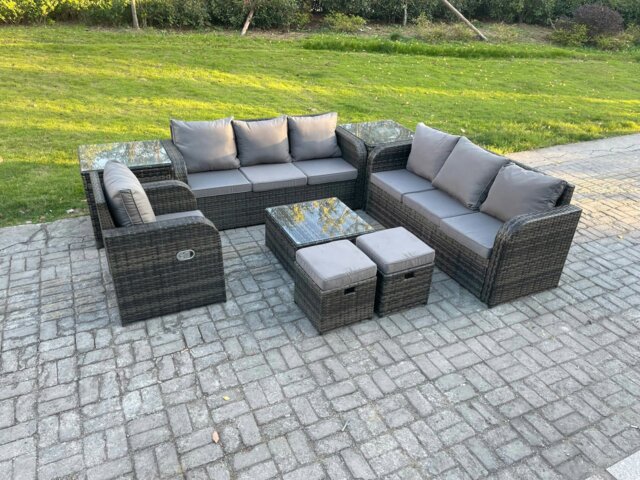 Rackhams 9 Seater Dark Grey Mixed Rattan Outdoor Sofa Set - Conservatory Patio, Coffee Table, Reclining Chair, 2 Small Footstools & 2 Side Tables - image 1