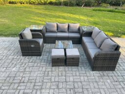 Rackhams 9 Seater Dark Grey Mixed Rattan Outdoor Sofa Set - Conservatory Patio, Coffee Table, Reclining Chair, 2 Small Footstools & 2 Side Tables - thumbnail 2
