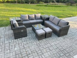 Rackhams 9 Seater Dark Grey Mixed Rattan Outdoor Sofa Set - Conservatory Patio, Coffee Table, Reclining Chair, 2 Small Footstools & 2 Side Tables - thumbnail 1