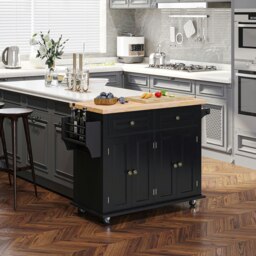 Rackhams Rolling Kitchen Island Cart with Rubber Wood Top, Spices - Cream White - thumbnail 3