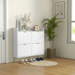 Rackhams Narrow Shoe Storage Cabinet with 4 Flip Drawers for 16 Pairs of Shoes - White