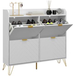 Rackhams Narrow Shoe Storage Cabinet with 4 Flip Drawers for 16 Pairs of Shoes - White - thumbnail 2