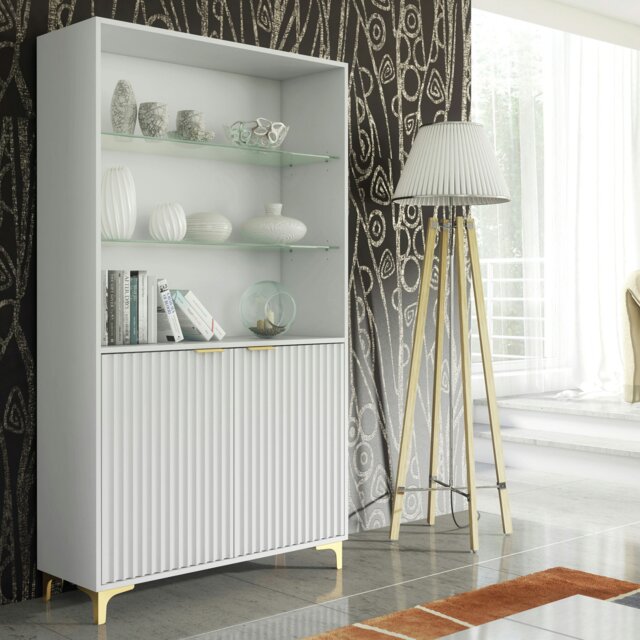 Rackhams White Display Cabinet with Gold Legs – Modern Fluted Tall Unit 170cm - Matt Body & Matt Doors - White - 170 - image 1