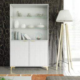 Rackhams White Display Cabinet with Gold Legs – Modern Fluted Tall Unit 170cm - Matt Body & Matt Doors - White - 170 - thumbnail 2