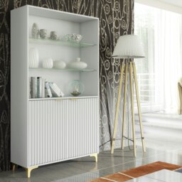 Rackhams White Display Cabinet with Gold Legs – Modern Fluted Tall Unit 170cm - Matt Body & Matt Doors - White - 170