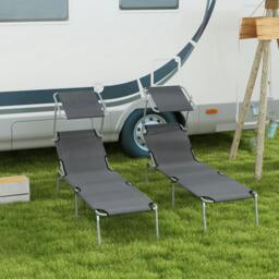 Rackhams Folding Chair Sun Lounger w/ Sunshade Garden Recliner Hammock - 2 - Grey