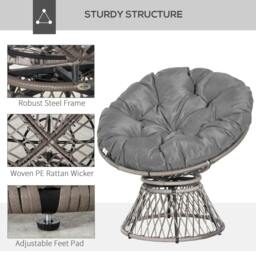 Rackhams 360° Swivel Rattan Papasan Moon Bowl Chair Round Lounge Garden Wicker Basket Seat with Padded Cushion Oversized for Outdoor Indoor, Grey - thumbnail 6