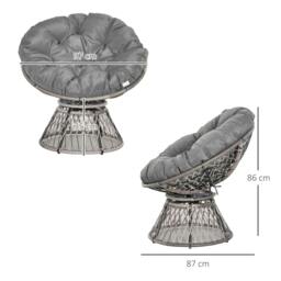 Rackhams 360° Swivel Rattan Papasan Moon Bowl Chair Round Lounge Garden Wicker Basket Seat with Padded Cushion Oversized for Outdoor Indoor, Grey - thumbnail 3