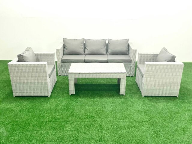 Rackhams Rattan Garden Furniture Set 4 Pieces Outdoor Garden Sofa Oblong Coffee Table Set with 2 Chairs Light Grey Mixed - image 1