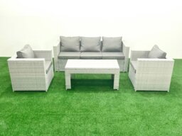 Rackhams Rattan Garden Furniture Set 4 Pieces Outdoor Garden Sofa Oblong Coffee Table Set with 2 Chairs Light Grey Mixed - thumbnail 1
