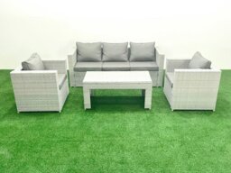 Rackhams Rattan Garden Furniture Set 4 Pieces Outdoor Garden Sofa Oblong Coffee Table Set with 2 Chairs Light Grey Mixed - thumbnail 2