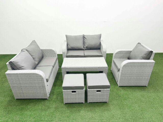 Rackhams High Back Poly Rattan Garden Furniture Set with Reclining Chair Loveseat Sofa Oblong Coffee Table Indoor Outdoor Patio Set 2 Stool Light Grey - image 1