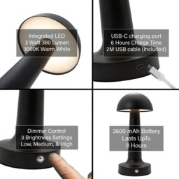 Rackhams Matt Black Rechargeable LED Touch Dimmable Table Lamp with Metal Shade - thumbnail 5