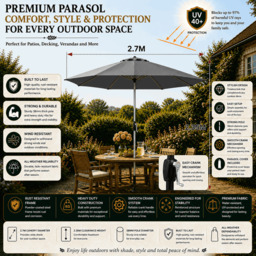 Rackhams Tilting Garden Parasol Table Umbrella 2.7M with Crank Handle, UV40 Protection, Free Protection Cover - Dark Grey - thumbnail 2