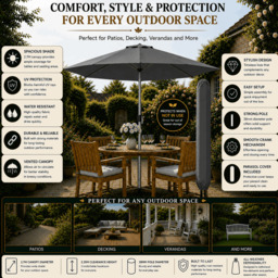 Rackhams Tilting Garden Parasol Table Umbrella 2.7M with Crank Handle, UV40 Protection, Free Protection Cover - Dark Grey - thumbnail 3