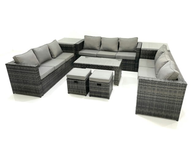 Rackhams Outdoor Garden Furniture Set 11 Seater Rattan Sofa Set with Coffee Table 2 Small Footstools 2 Side Tables Dark Grey Mixed - image 1