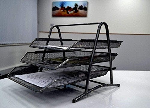 Rackhams 3 Tier Office Filing Trays Holder A4 Document Letter Paper Wire Mesh Storage Organiser - Black - image 1