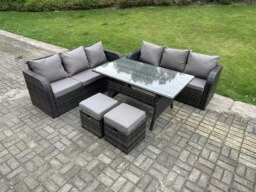 Rackhams Dark Grey PE Wicker Rattan Garden Furniture Set Lounge Sofa 3 Seater Sofa Set Outdoor Rectangular Dining Table With 2 Stools 8 Seater - thumbnail 2