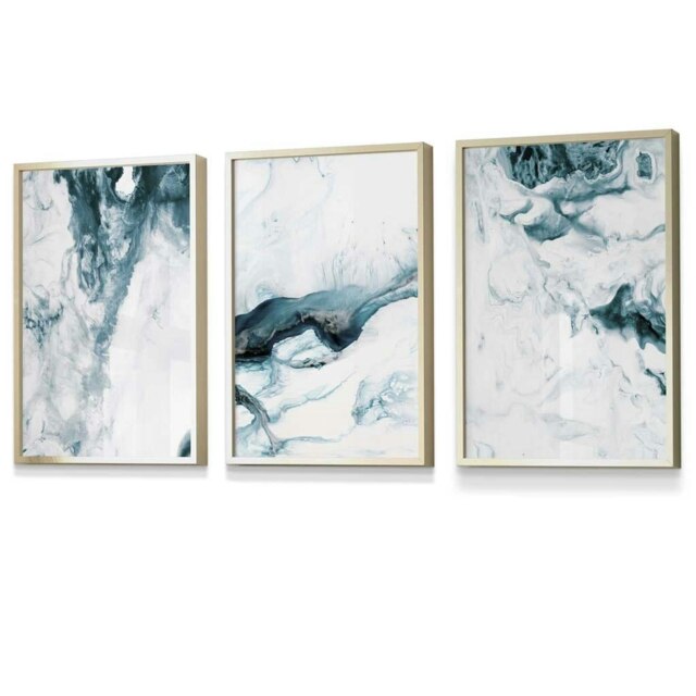 Rackhams Abstract Teal and White Set of 3 Framed Wall Art - 30x42cm (A3) - Gold - image 1