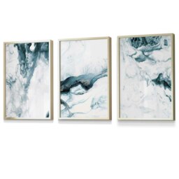 Rackhams Abstract Teal and White Set of 3 Framed Wall Art - 30x42cm (A3) - Gold - thumbnail 1