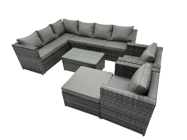 Rackhams Outdoor Rattan Rectangular Coffee Table Corner Sofa Sets Garden Furniture Set with 2 Chairs Big Stool Dark Grey Mixed - image 1