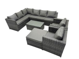 Rackhams Outdoor Rattan Rectangular Coffee Table Corner Sofa Sets Garden Furniture Set with 2 Chairs Big Stool Dark Grey Mixed - thumbnail 1