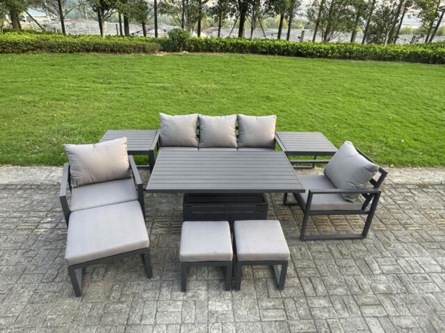 Rackhams 8 Seater Aluminium Garden Furniture Set with Adjustable Rising Dining Table, 2 Chairs, 3 Footstools, 2 Side Tables - Grey - image 1