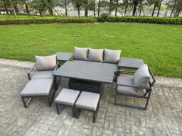 Rackhams 8 Seater Aluminium Garden Furniture Set with Adjustable Rising Dining Table, 2 Chairs, 3 Footstools, 2 Side Tables - Grey - thumbnail 2