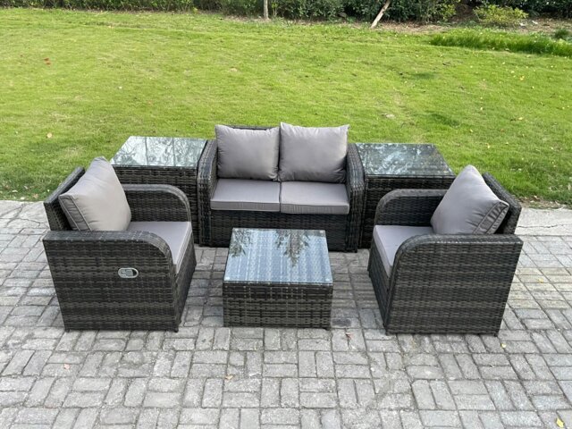 Rackhams Wicker PE Rattan Garden Furniture Set Outdoor Lounge Sofa Set with Love Sofa Square Coffee Table 2 Side Tables Dark Grey Mixed - image 1