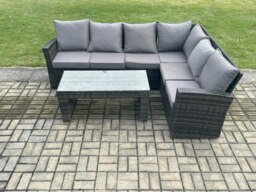 Rackhams 6 Seat Rattan Garden Furniture Corner Sofa Set Outdoor Patio Sofa Table Set with Cushions Dark Grey Mixed - thumbnail 2
