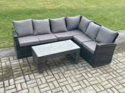 Rackhams 6 Seat Rattan Garden Furniture Corner Sofa Set Outdoor Patio Sofa Table Set with Cushions Dark Grey Mixed
