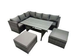 Rackhams Outdoor PE Rattan Sofa Set with Dining Table Patio Garden Furniture Sets with 2 Big Stools Dark Grey Mixed - thumbnail 1