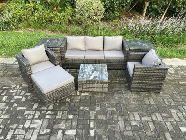 Rackhams Wicker 7 Pieces Rattan Garden Furniture Sofa Set with Armchair 2 Side Tables Square Coffee Table Big Footstool Dark Grey Mixed - image 1